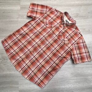 Eddie Bauer Men's Plaid Short Sleeve Button Up Shirt‎ XL Orange Red Tan